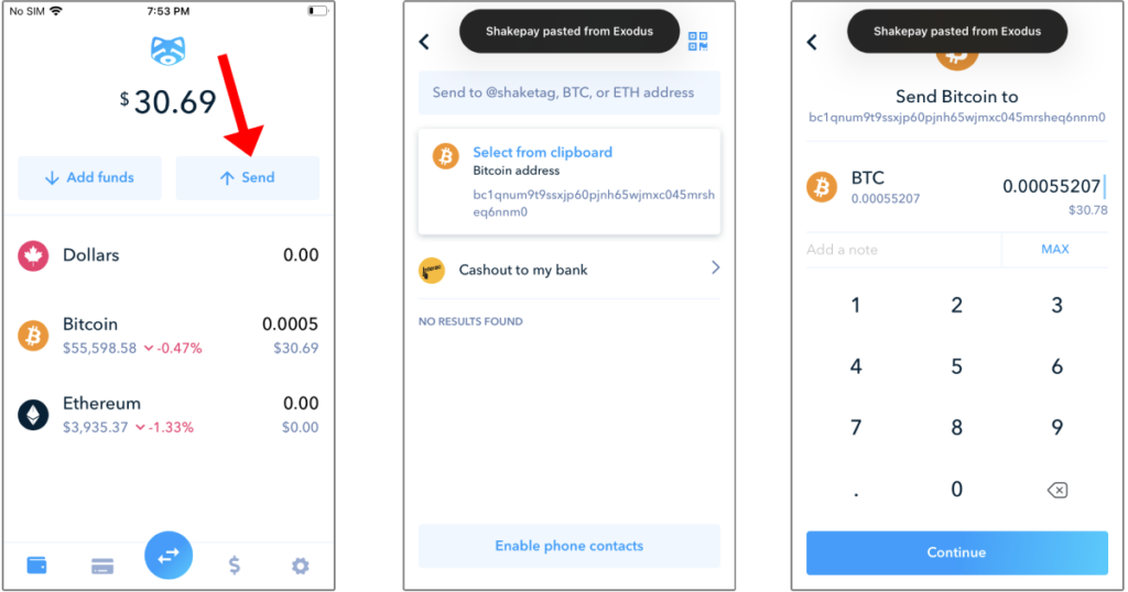 send / receive bitcoin shakepay