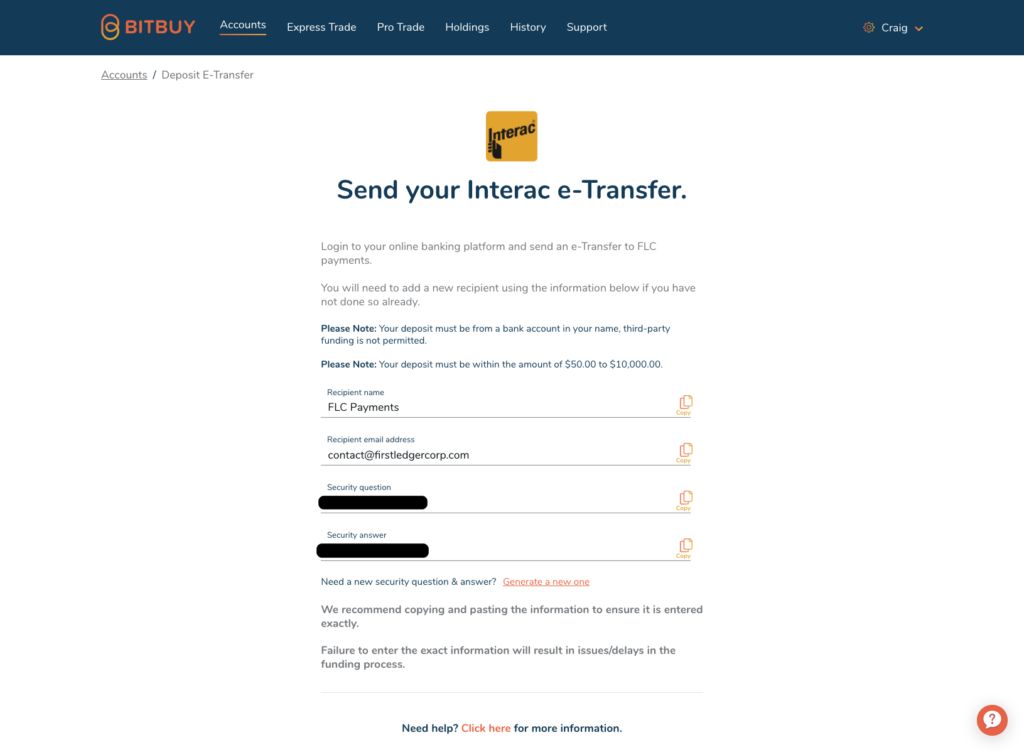 deposit funds Interac etransfer Bitbuy