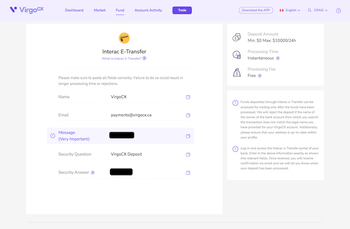 VirgoCX Interac e-Transfer