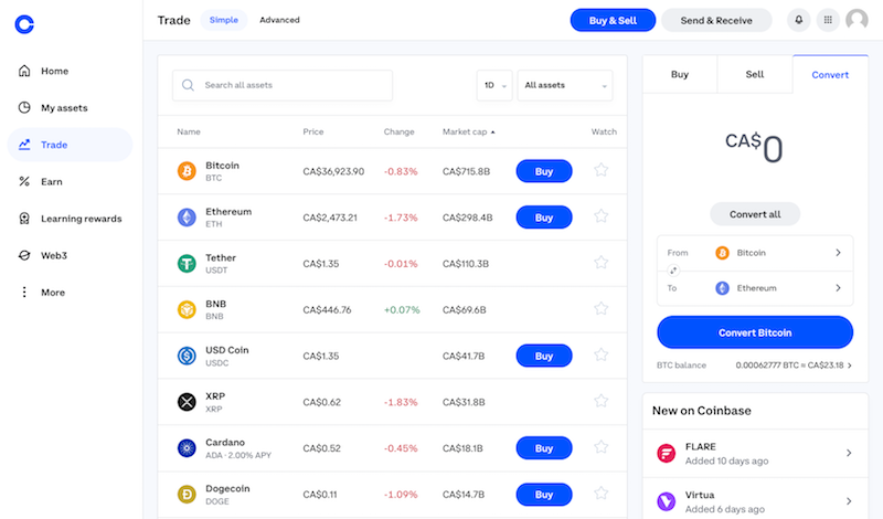 Coinbase Dashboard Canada