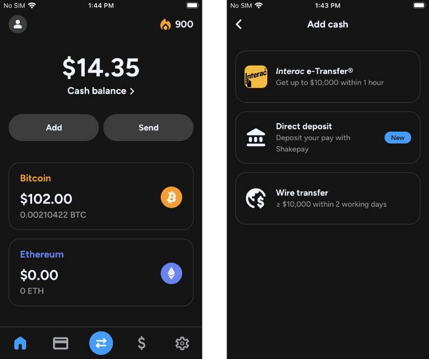 Shakepay Dashboard and Funding Options